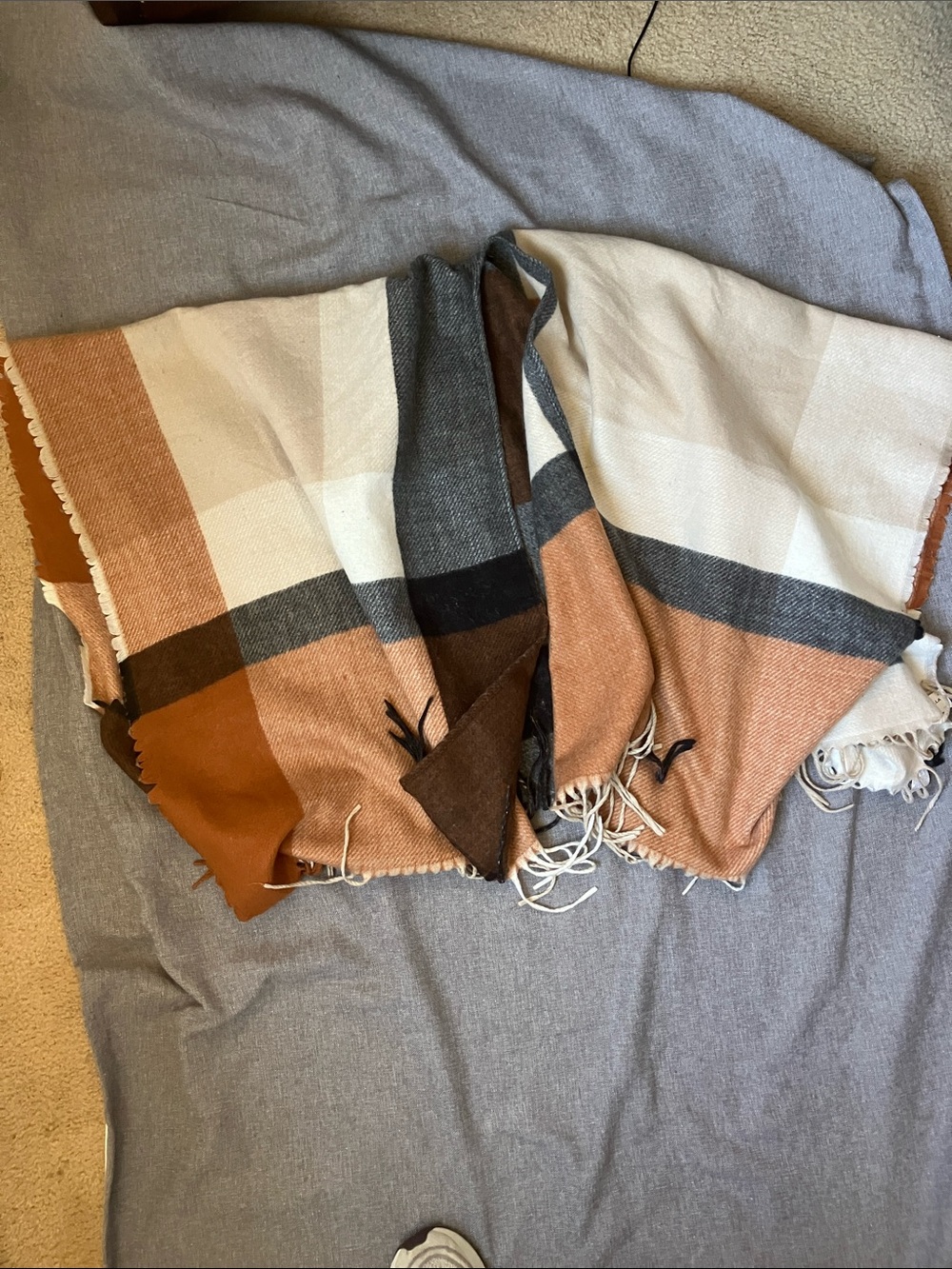 Plaid Knit Poncho Wrap in Beige and grey OS